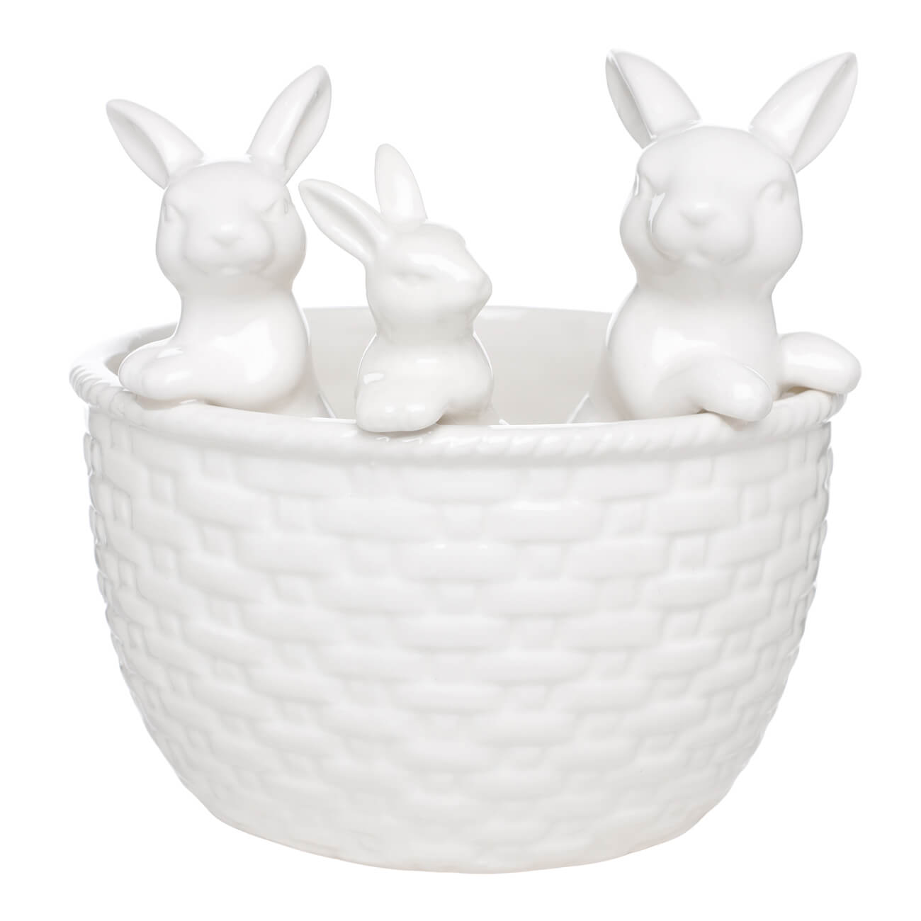 Конфетница, 16х5 см, керамика, белая, Три кролика в корзине, Natural Easter