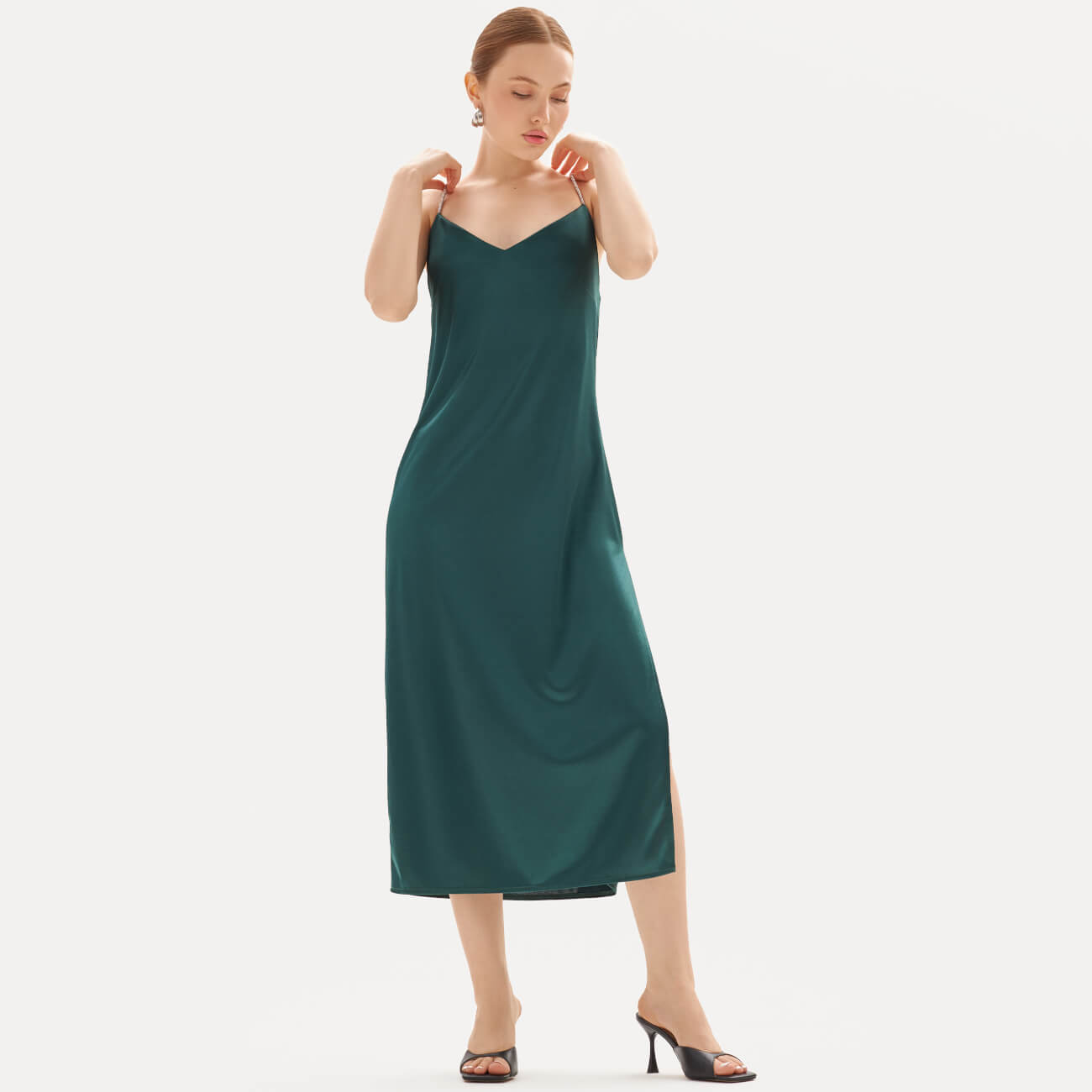 Платье женское, макси, р. XL, на бретельках, полиэстер/эластан, зеленое, Cortni