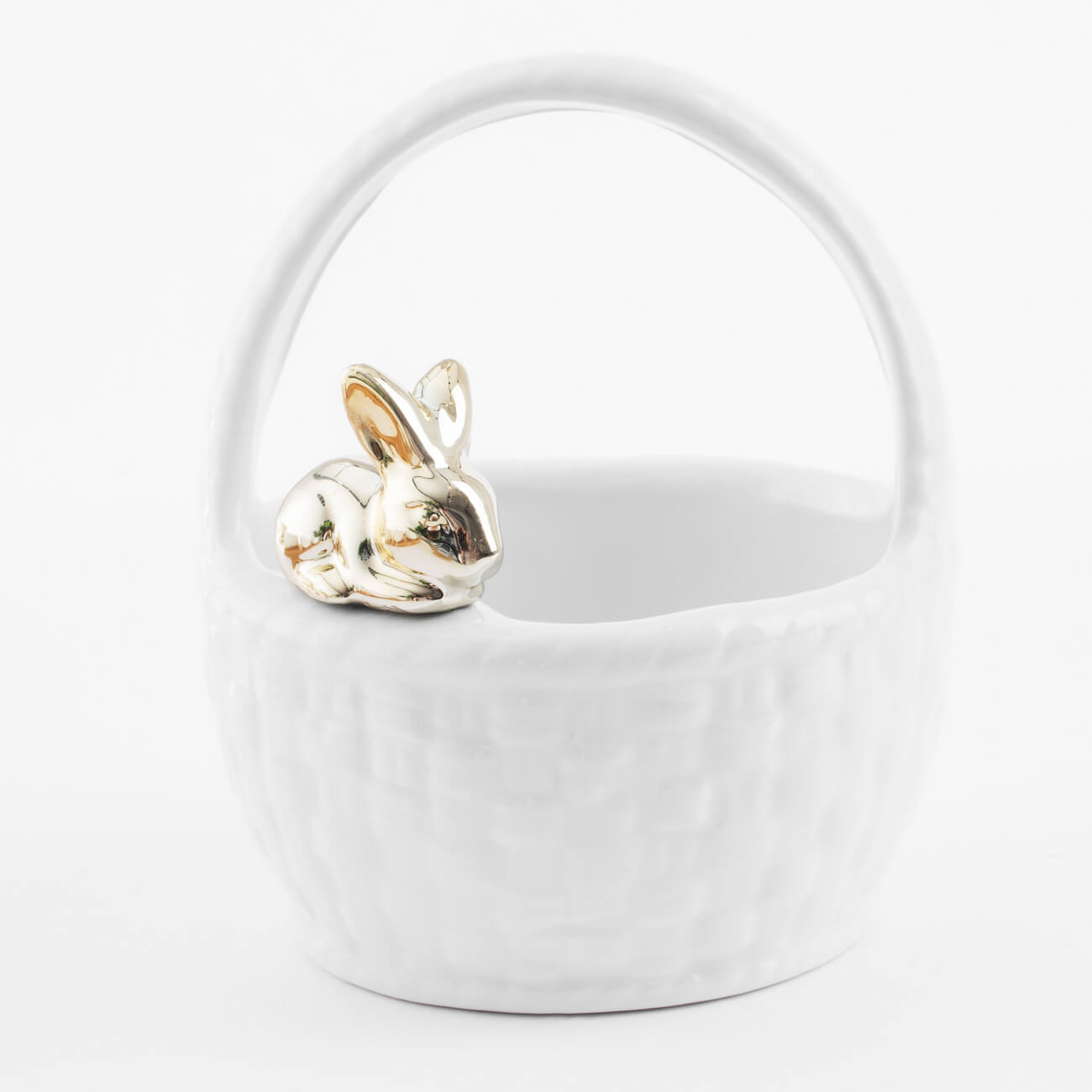Конфетница, 12х14 см, с ручкой, керамика, белая, Кролик на корзине, Easter gold емкость для хранения 17х14 см 1 5 л с ручкой керамика молочная перламутр кролик easter