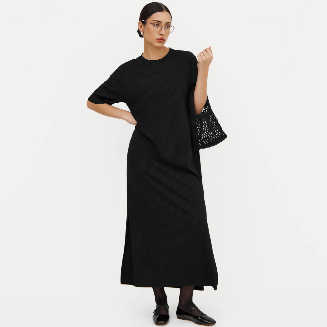 Платье женское, макси, р. S, с коротким рукавом, в рубчик, полиэстер/вискоза, черное, Rhea платье рубашка женское мини р xl с коротким рукавом хлопок черное ottavia