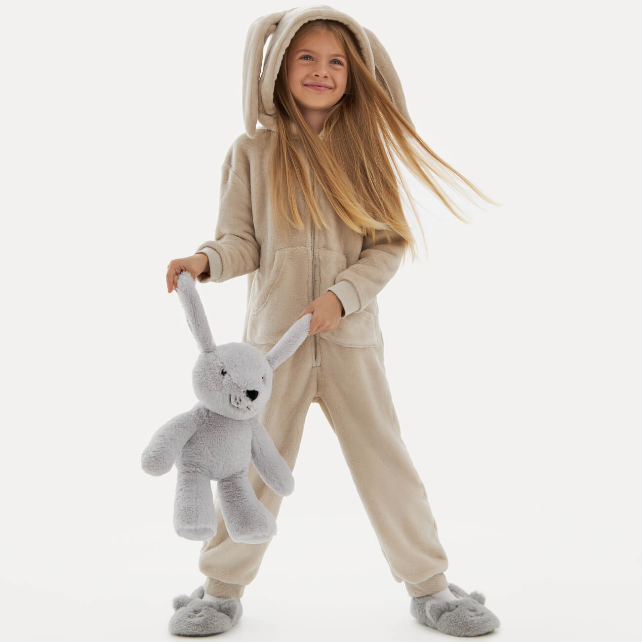 Комбинезон детский, домашний, 110-116 см, с капюшоном, флис, серый, Кролик, Annie - фото 1