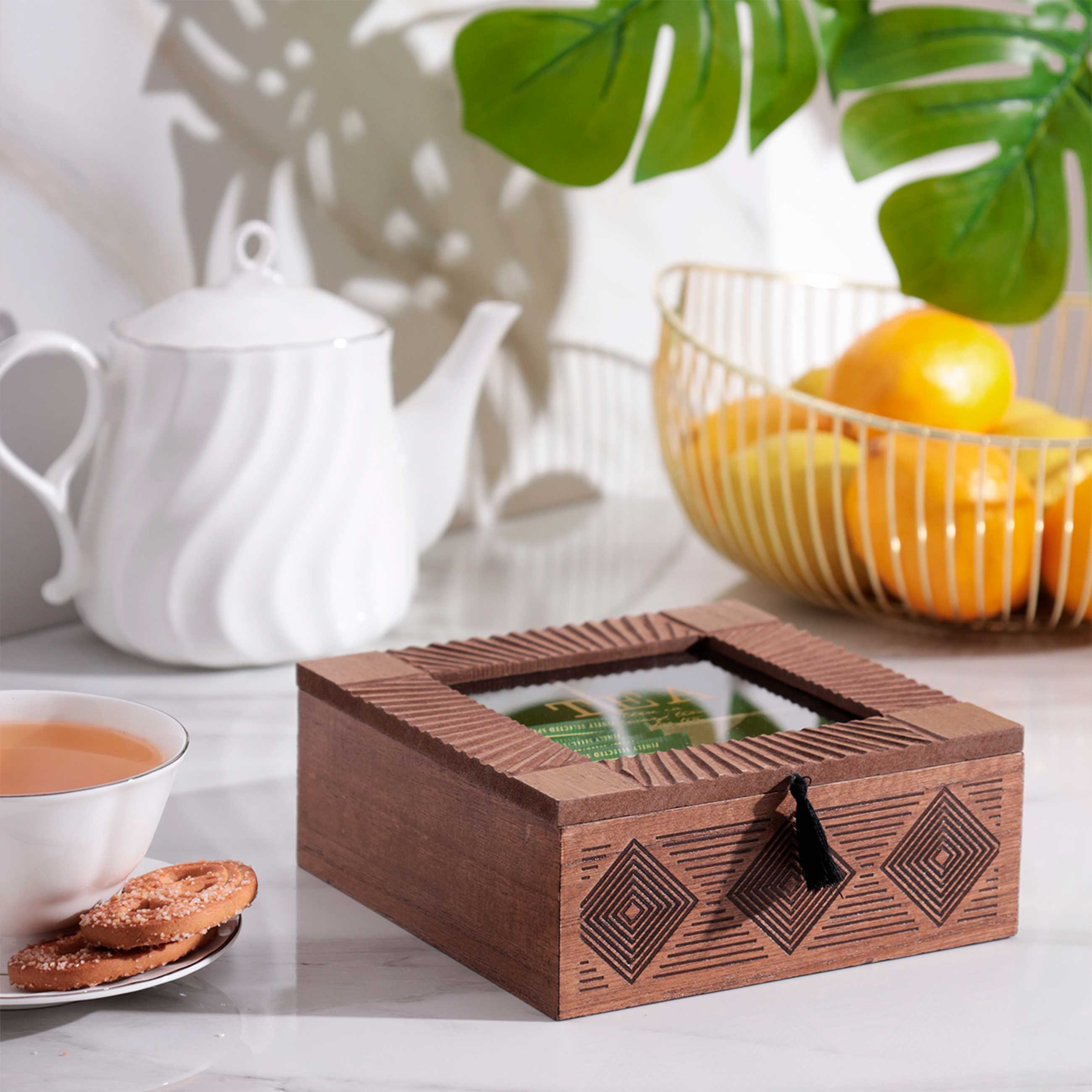 Коробка для чая, 16х16 см, 4 от, с кисточкой, МДФ, квадратная, Lattice изображение № 6