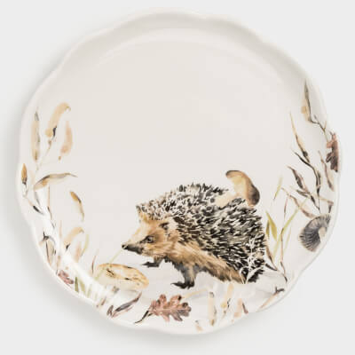 Тарелка обеденная, 25 см, керамика, белая, Ежик в листьях с грибами, Hedgehog in leaves