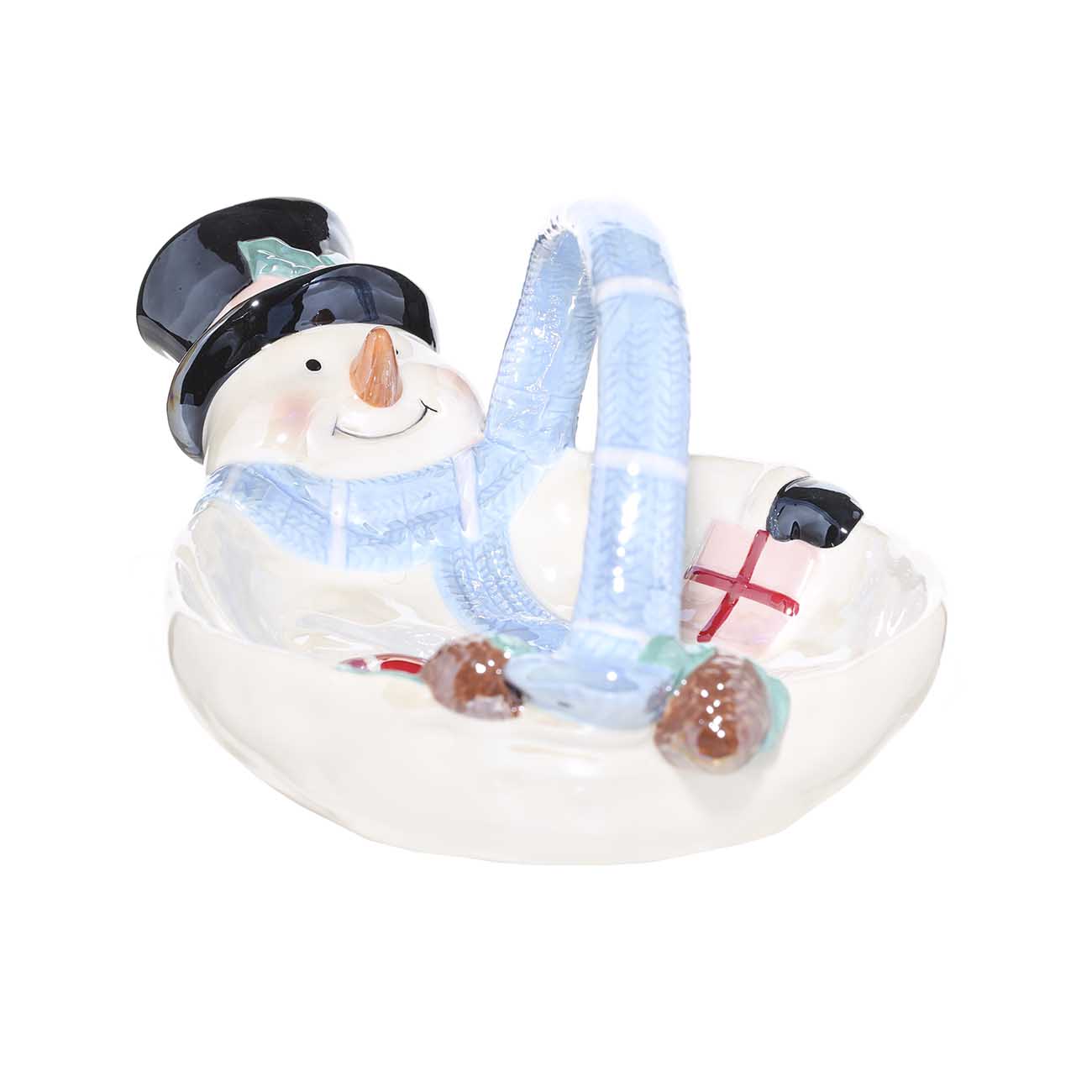 Конфетница, 29х19 см, с ручкой, керамика, бело-голубая, перламутр, Снеговик, Snowman glaze - фото 1