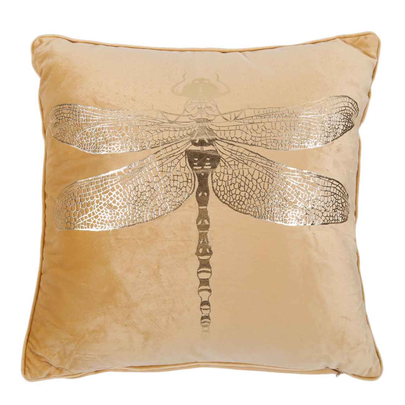 Подушка декоративная, 45х45 см, вельвет, горчичная, Золотистая стрекоза, Dragonfly - фото 1