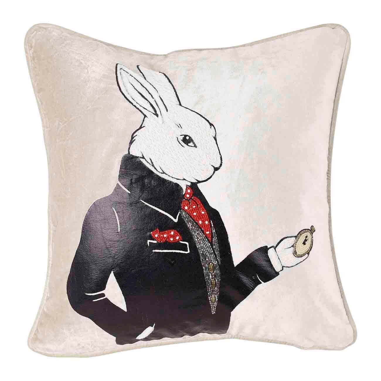 Подушка декоративная, 45х45 см, вельвет/бисер, бежевая, Кролик с часами, Rabbit - фото 1