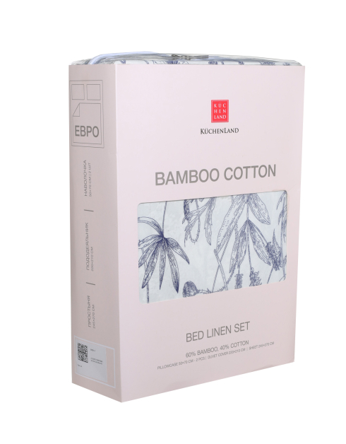 КПБ евро, бамбук/хлопок 300 ТС, бело-синий, Цветы и травы, Bamboo cotton